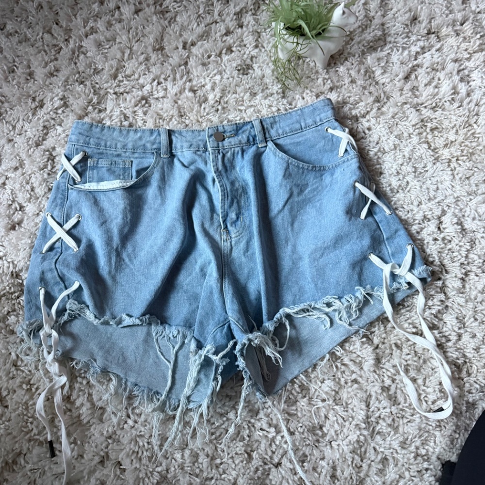 Light Blue Frayed unique crisscross Women's Jean Shorts with Lace-Up Detail your - Picture 3 of 4